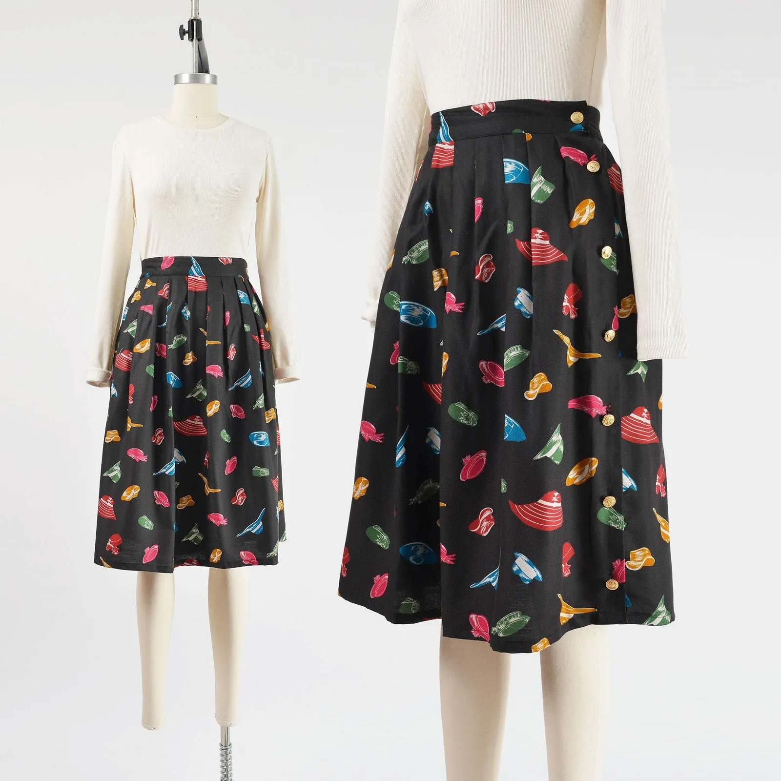 Vintage 80s Black Hat Novelty Print Full Flowy Pleated Midi Skirt Pockets size M L