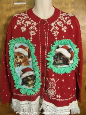 White Snowflakes and Snowmen Christmas Cat Ugly Sweater