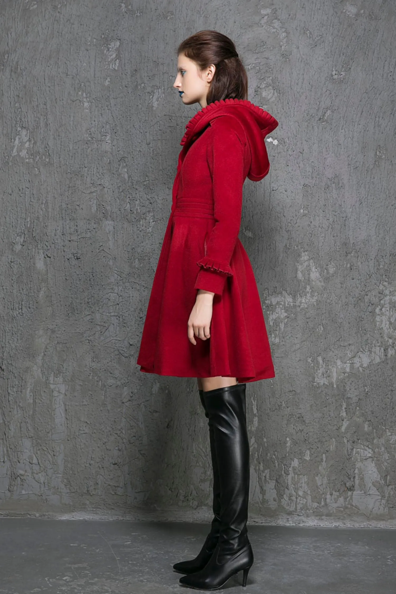 Wine red wool winter women hooded coat 1354