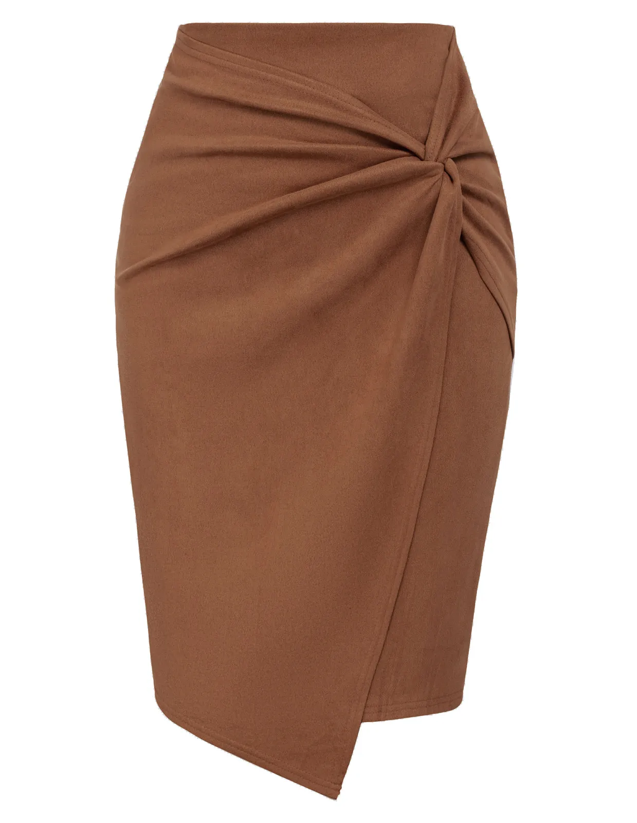 Women Faux Suede Skirt OL High Waist Knotted Front Bodycon Skirt