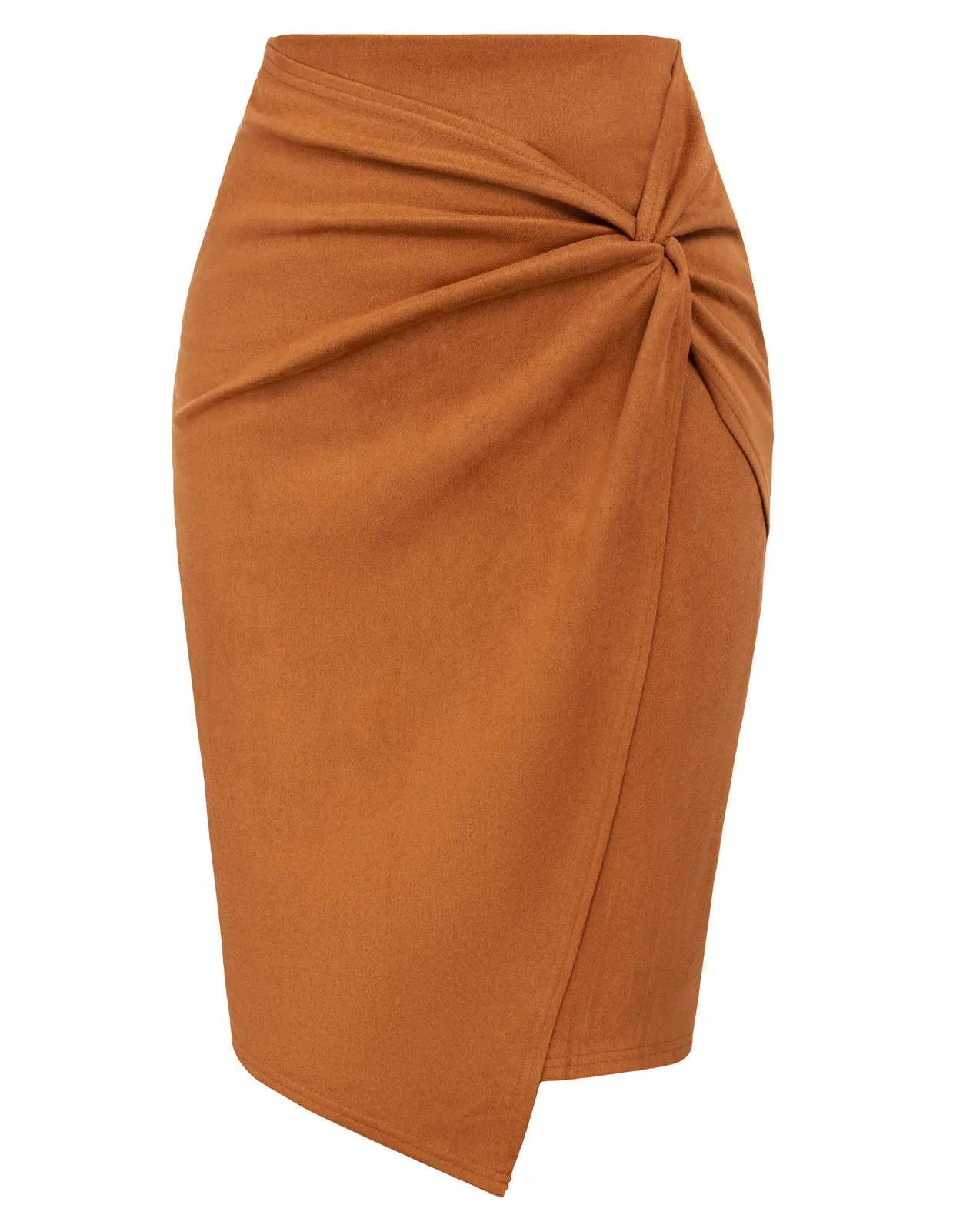 Women Faux Suede Skirt OL High Waist Knotted Front Bodycon Skirt