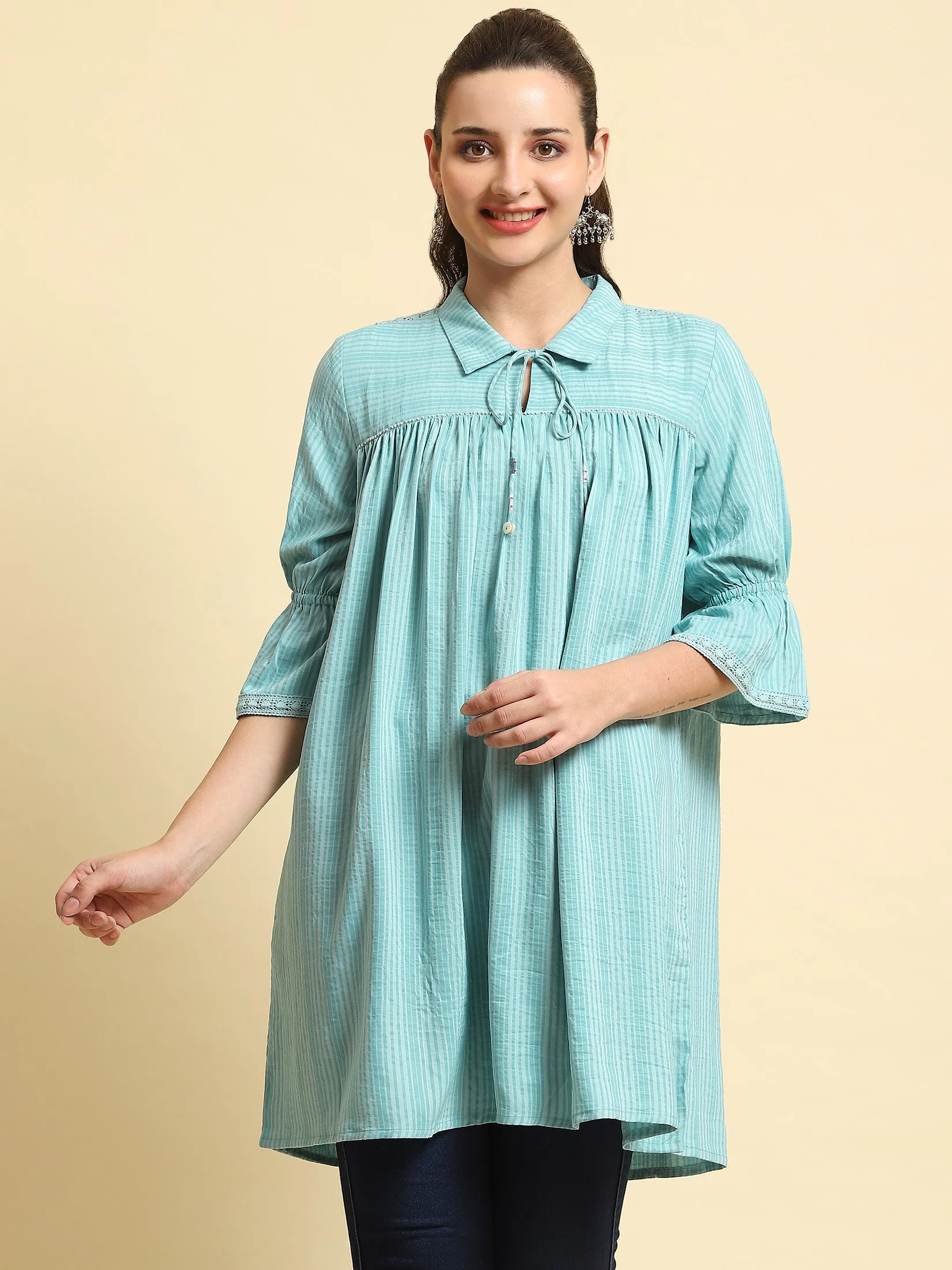 Women Turquoise Blue Stripe Printed Tunic