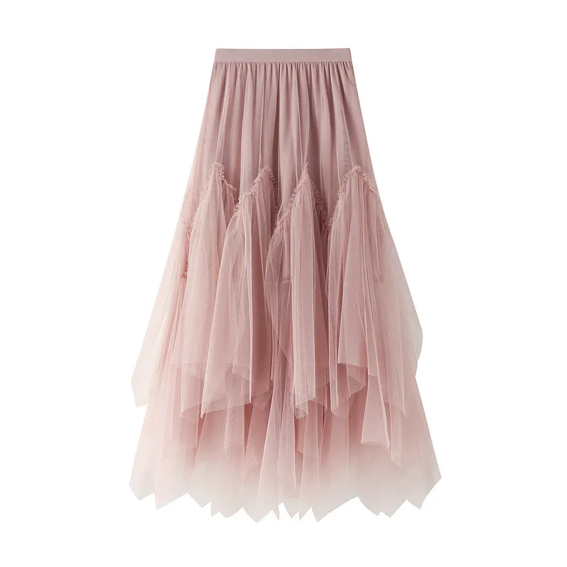 Women's Mid-length A-line Skirt Fluffy Skirt Mesh Irregular Pleated Skirt 743