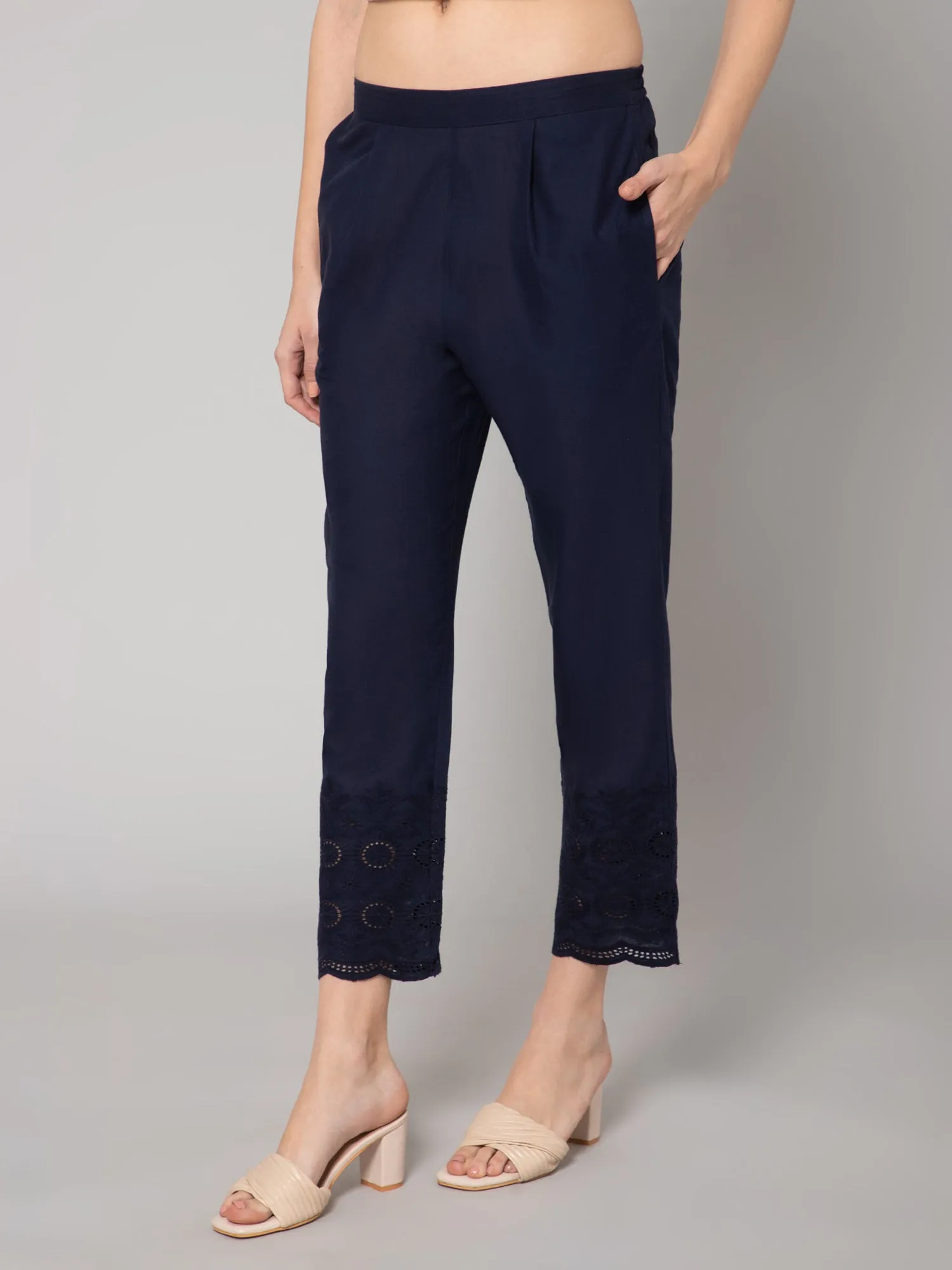 Women's Regular Slim Fit Navy Blue Pleated Front Mid rise Ethnic Pant