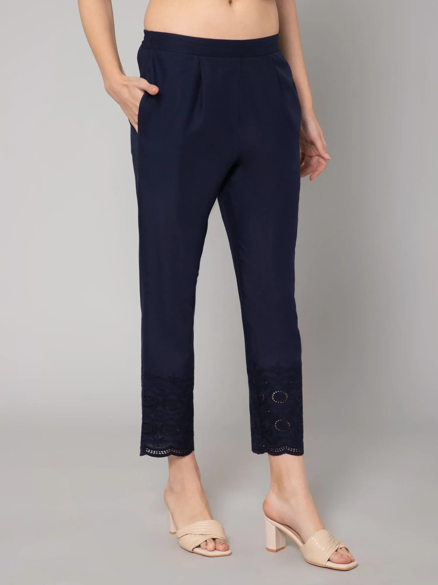 Women's Regular Slim Fit Navy Blue Pleated Front Mid rise Ethnic Pant