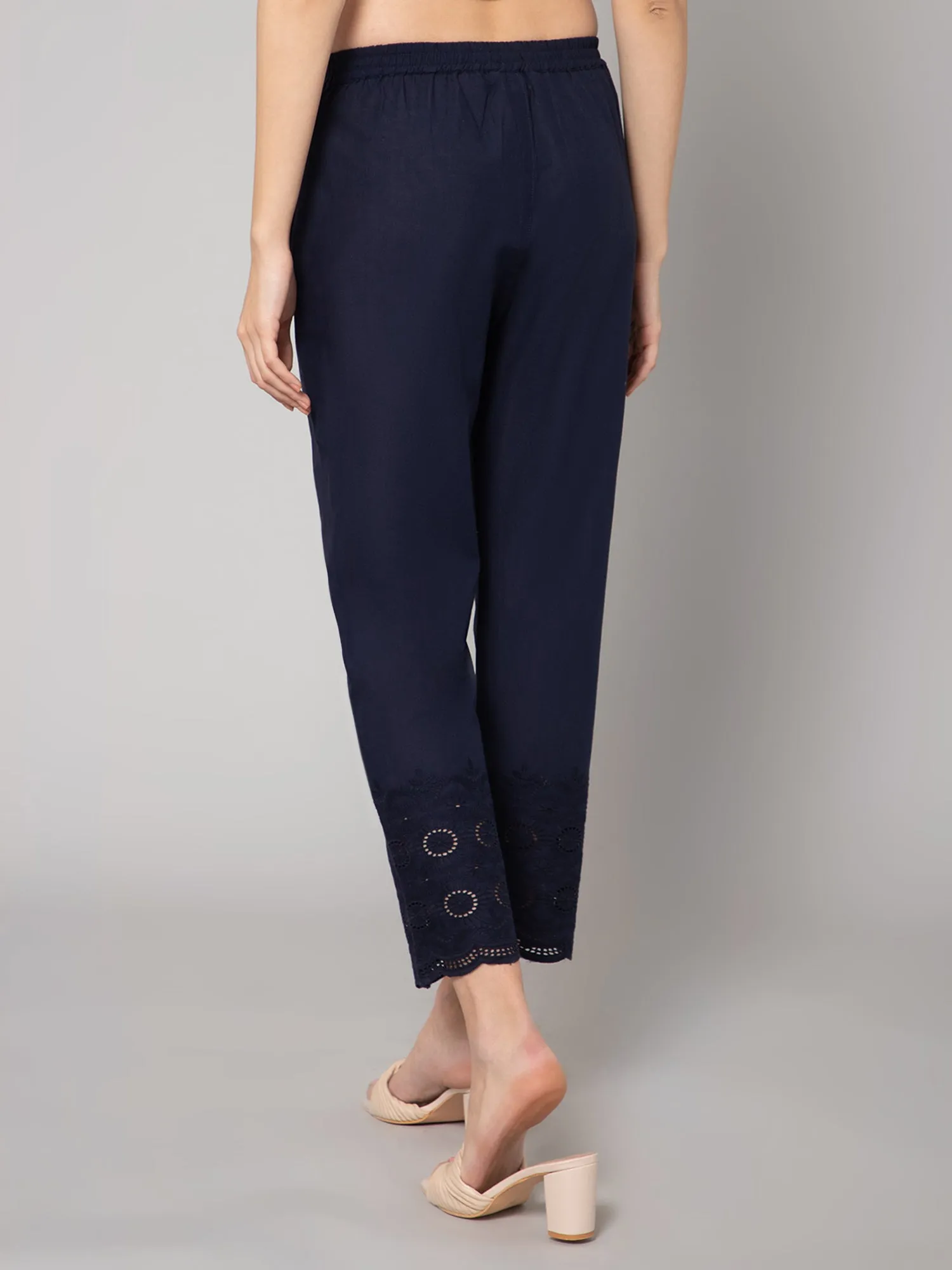 Women's Regular Slim Fit Navy Blue Pleated Front Mid rise Ethnic Pant