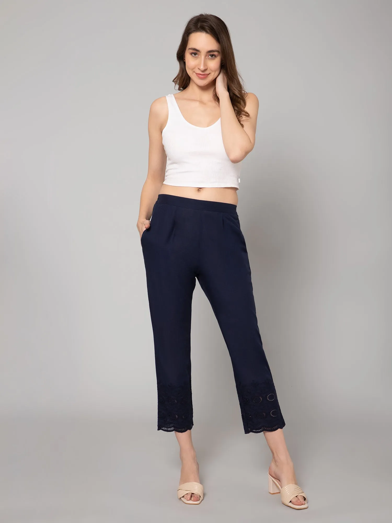 Women's Regular Slim Fit Navy Blue Pleated Front Mid rise Ethnic Pant