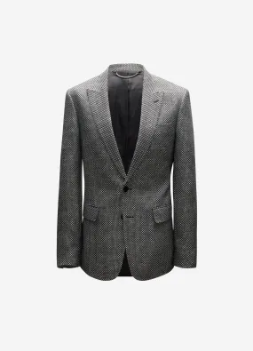 Wool Silk Linen Check Blazer Black